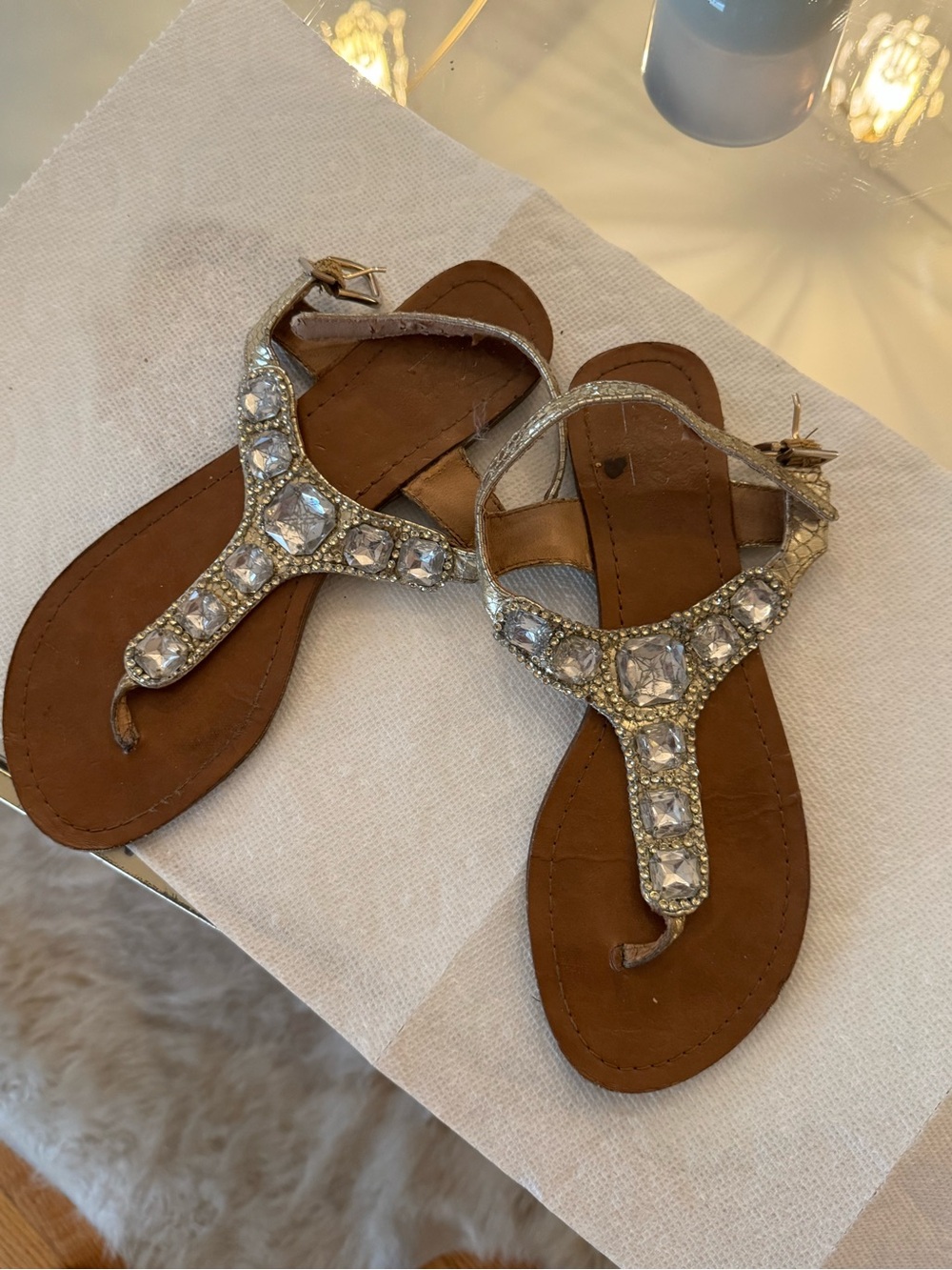 Embellished Gold T-strap Women's Sandals